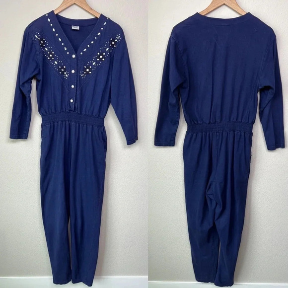 Vintage 80’s Western Bedazzled Jumpsuit Navy Blue small - Picture 3 of 12